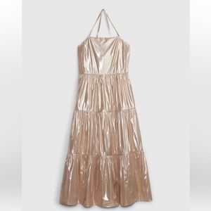 Metallic Rose Gold Maxi Dress with Tie-Back